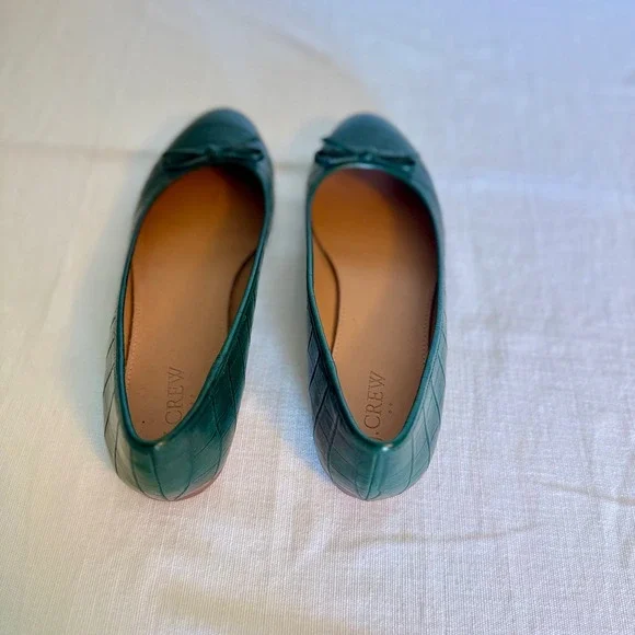 J.Crew Emerald Green Leather Ballet Flats Women's Shoes Bow Detail - Picture 3 of 4